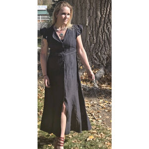 Free People Black Linen Button Down Belted Midi Dress Size S Puffed Cap Sleeve